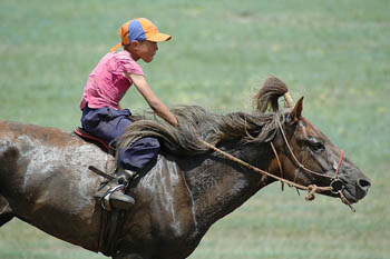 A rider competing for a traditional horse race during Naadam festival in Mongolia